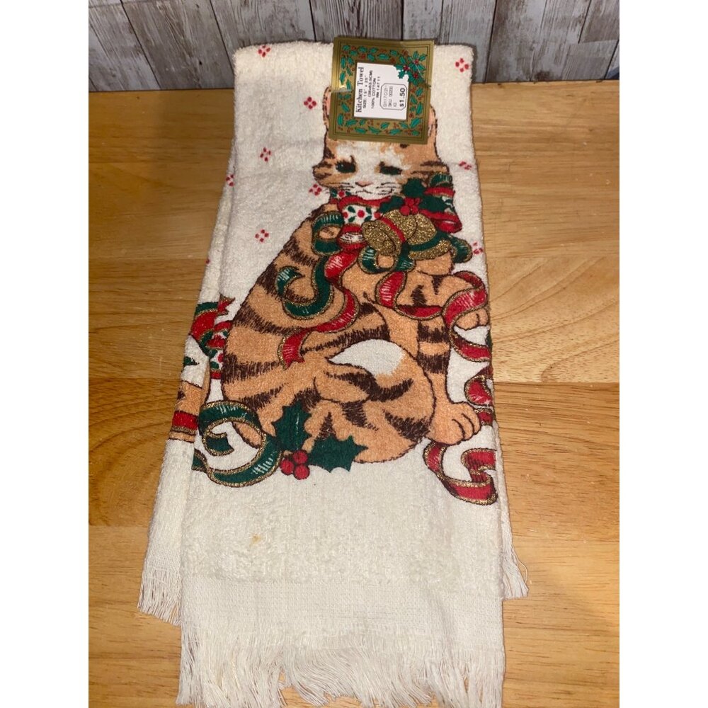 Vintage Christmas Kitten Cat Kitty Kitchen Towel Woolworths Ribbon Bells